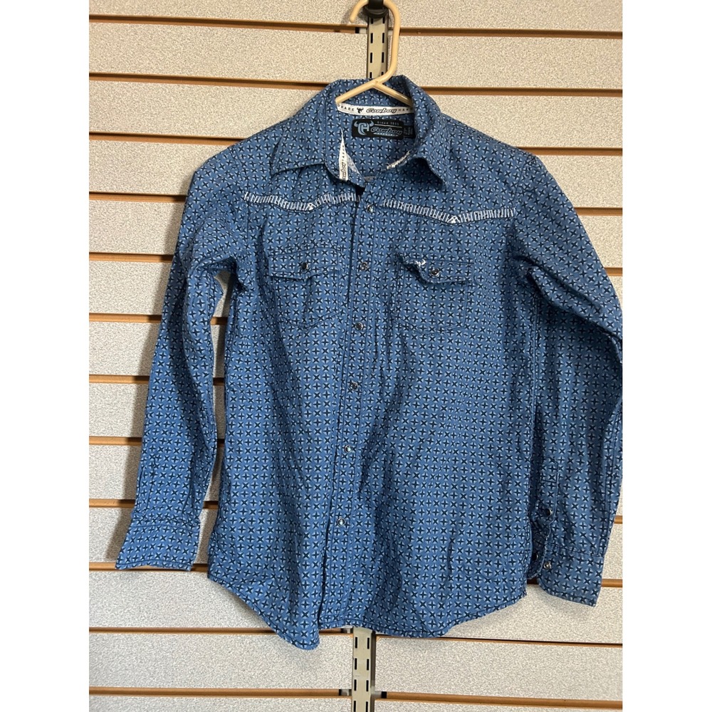 Cowboy Hardware Boys Blue Geometric Star Western Pearl Snap Shirt Size L 10/12